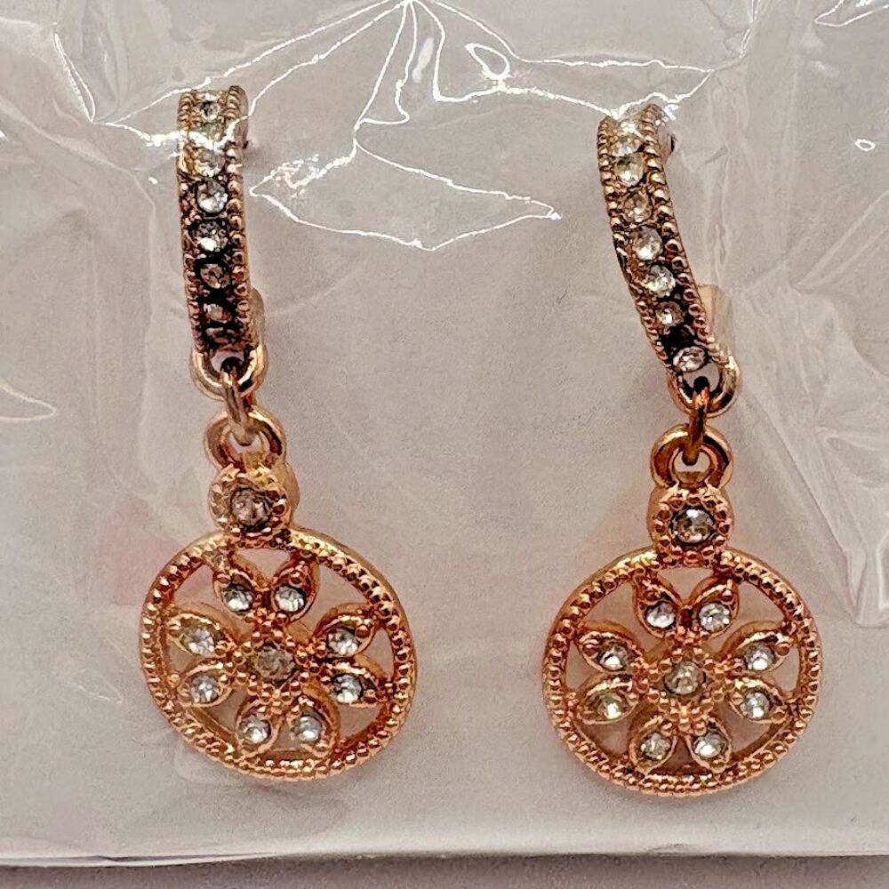 Avon Rose Gold Tone Clear Crystal Medallion Drop Dangle Earrings in Gift Box NIB